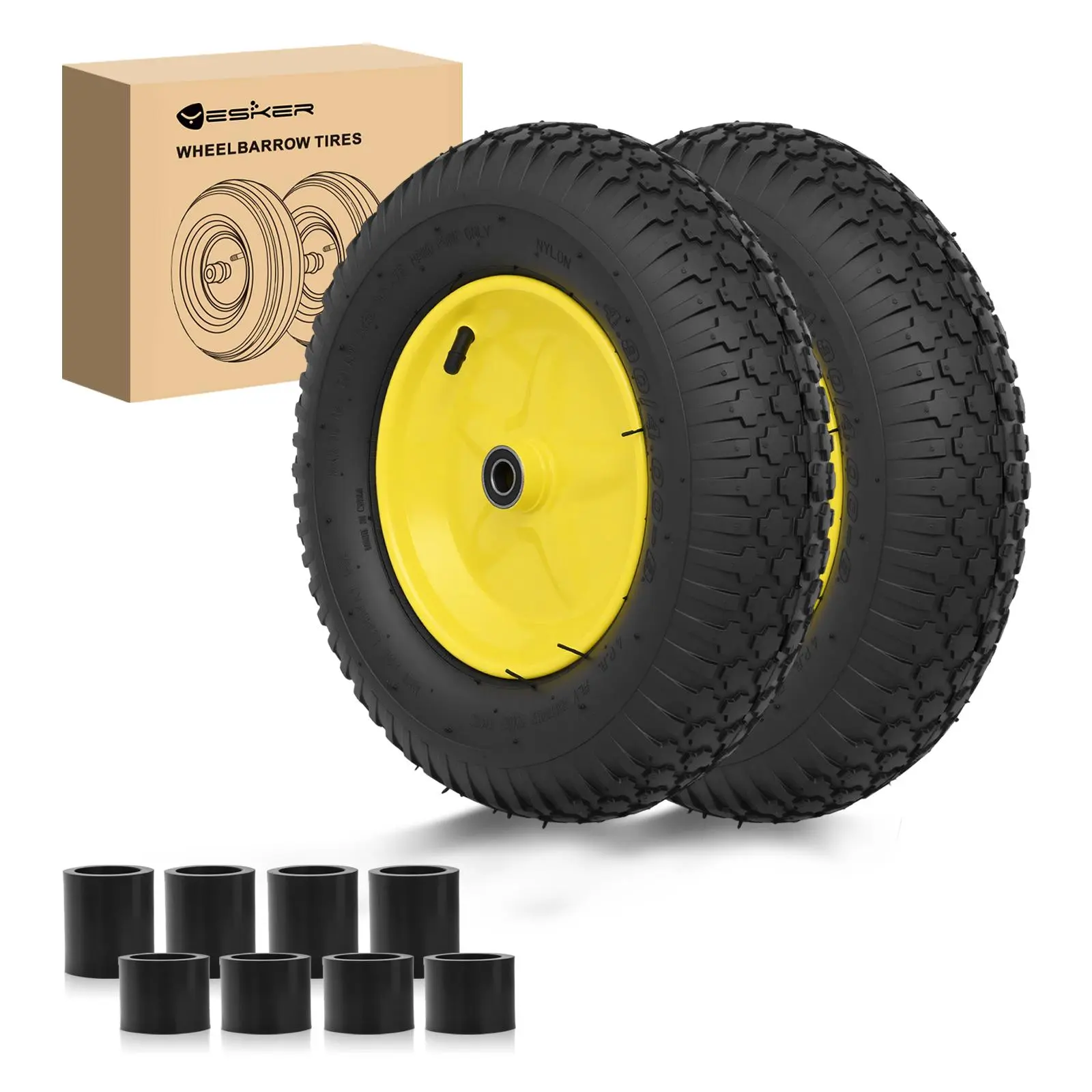 Yesker 4.80/4.00-8 Shock Absorption Pneumatic Tires & Wheels Replacement, 16" Air-Inflated Set with 5/8" Axle Bore for Wheelbarrow, Utility Cart (2-Pack, Father's Day Gift)