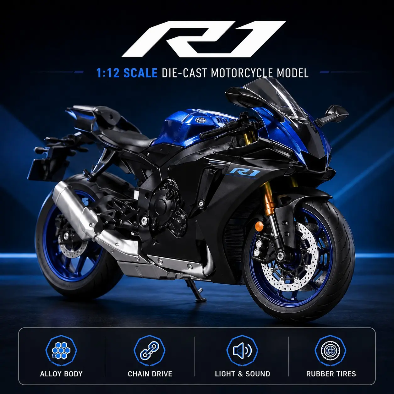 R1 Alloy Model 1:12 Scale, Moving Parts, Chain Drive, Lights & Sound, Authentic Motorcycle Model, Birthday Gift, Desktop Decor, Stress Relief Toy