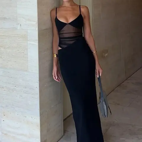 【Black Friday】Women's Cut Out Sheer Mesh Cami Dress, Womenswear, Sexy Chic Statement Sleeveless Spaghetti Strap Evening Cocktail Dress for Party Club Dating Wear, Ladies Summer Clothes, Chic Sheer Gown