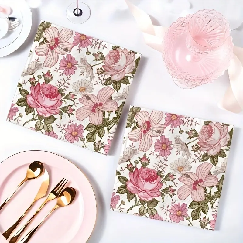 20pcs vintage floral napkins, pink Bohemian flower disposable napkins, suitable for home kitchen and bathroom, table decoration, restaurant decoration, party decoration, holiday decoration party supplies, Decorative Paper Napkins