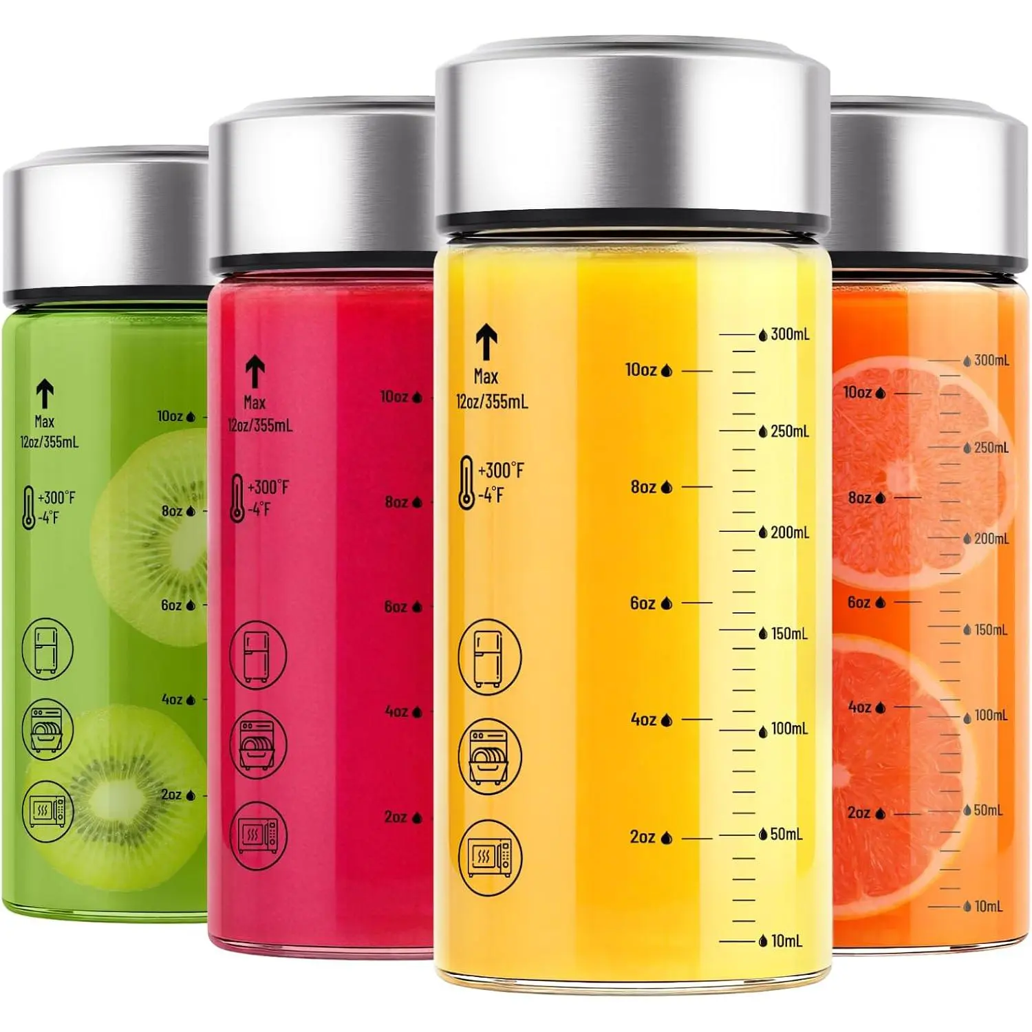 12oz Wide Mouth Glass Juice Bottles With Stainless Steel  4 Pack | Borosilicate Glass , Measurement Marked, Airtight Leak Proof  Jar For Juicing, Infused Water, Protein Shakes