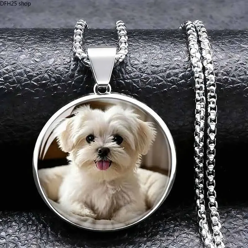 Cute Puppy Pendant Necklace, Stainless Steel Round Dog Charm Necklace with Realistic Puppy Art Print, Adorable Pet Lover Statement Jewelry for Women, Everyday Wear Gift