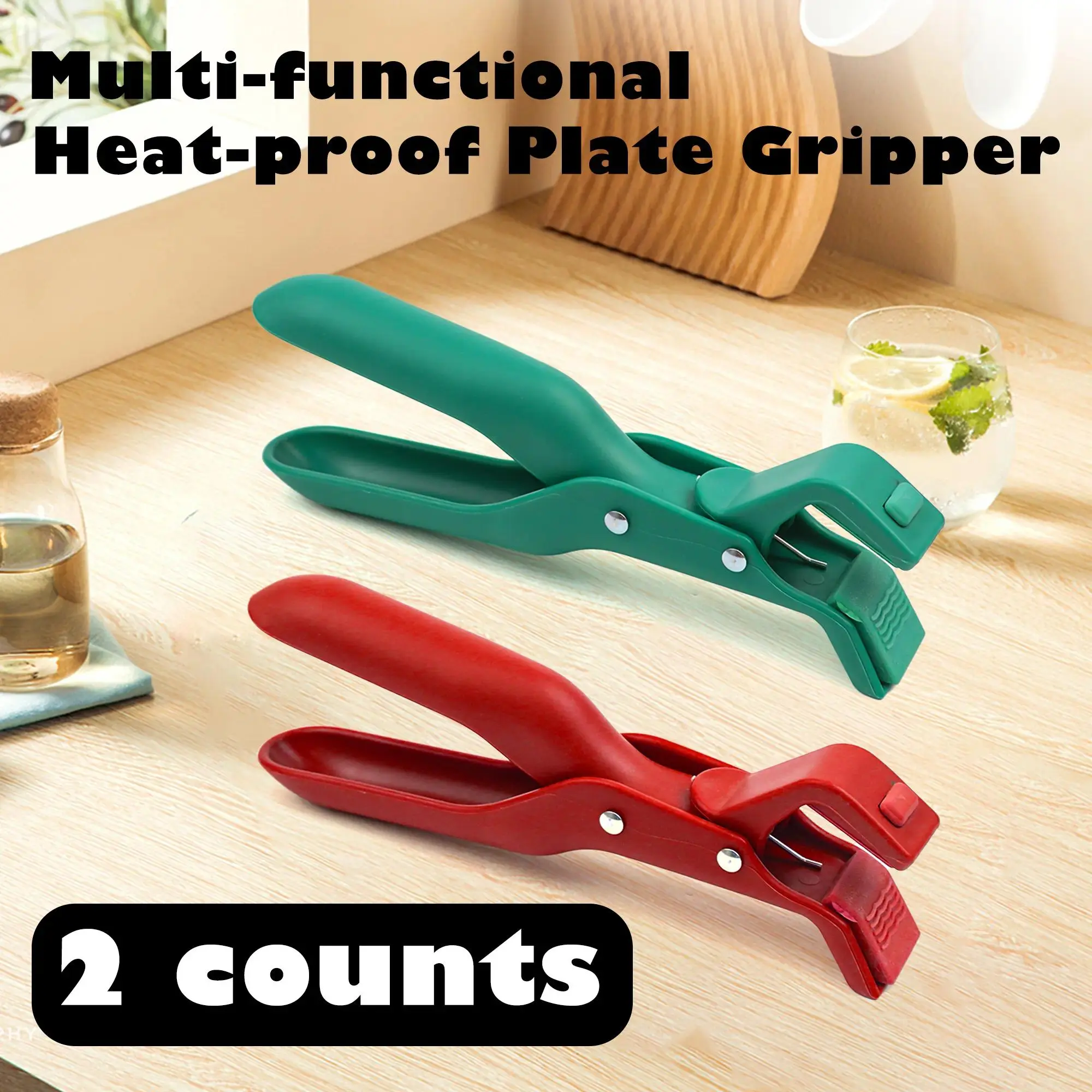 2 Counts Hot Plate Gripper, Multi-Purpose Anti-Scald Tool for Bowls, Plates, Pans, Serving as Holder, Clip, Tongs, Clamp in Kitchen Red & Green, Kitchen Gadgets, Kitchenware