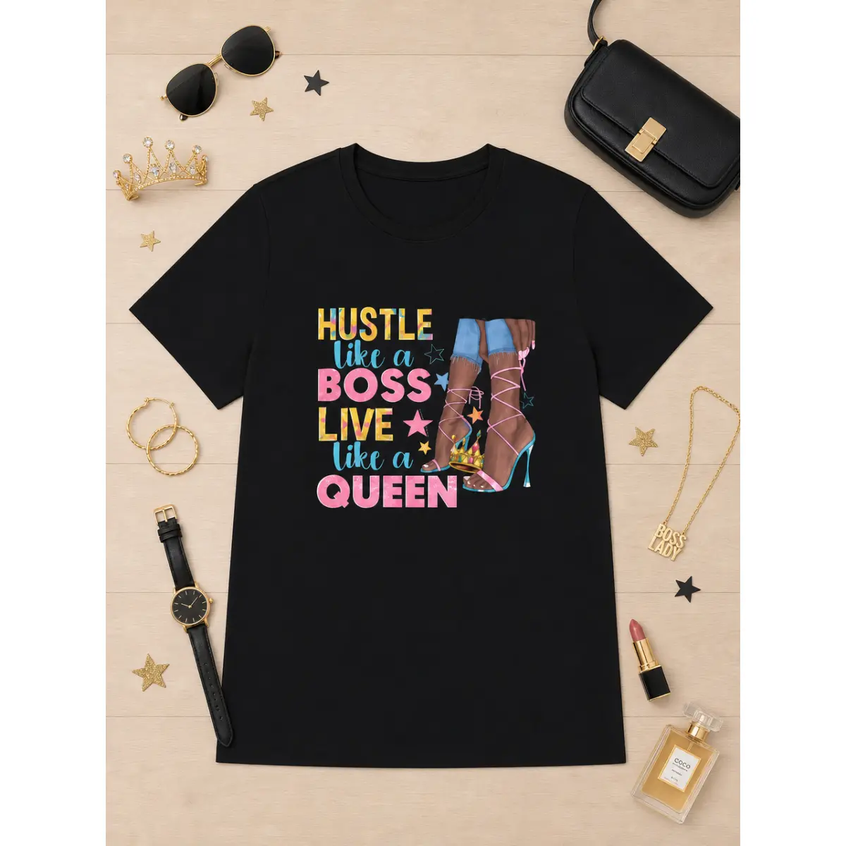 Women's 'Hustle Boss Queen' Graphic Tee, Cute and Comfortable Short Sleeve Streetwear Top in a Cotton Spandex Blend, Strappy, Fashion, Fabric