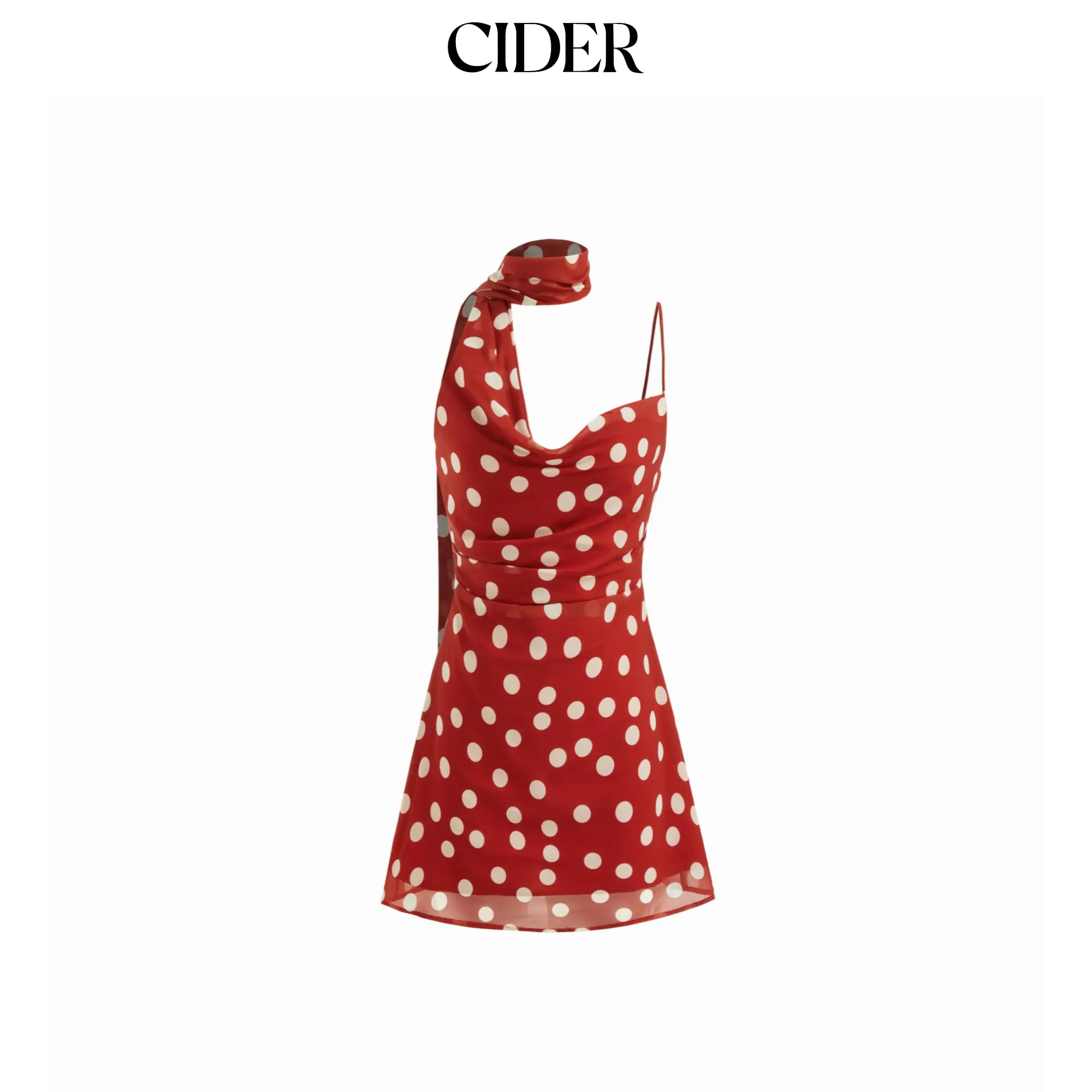 Cider Chiffon Cowl Neck Polka Dot Ruched Mini Cami Dress With Scarf SummerFinds