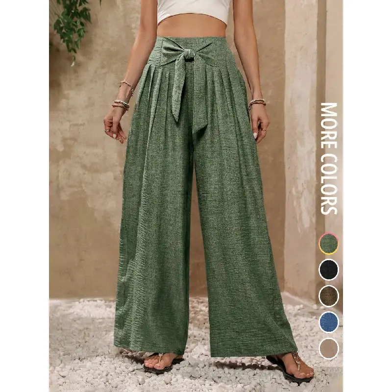 Women's Fashion Loose Plain Elegant Long Pants, Loose Palazzo Pants, Bow High Waist Wide Leg Pants, Casual Party Wear, All Season Choice(Gift)
