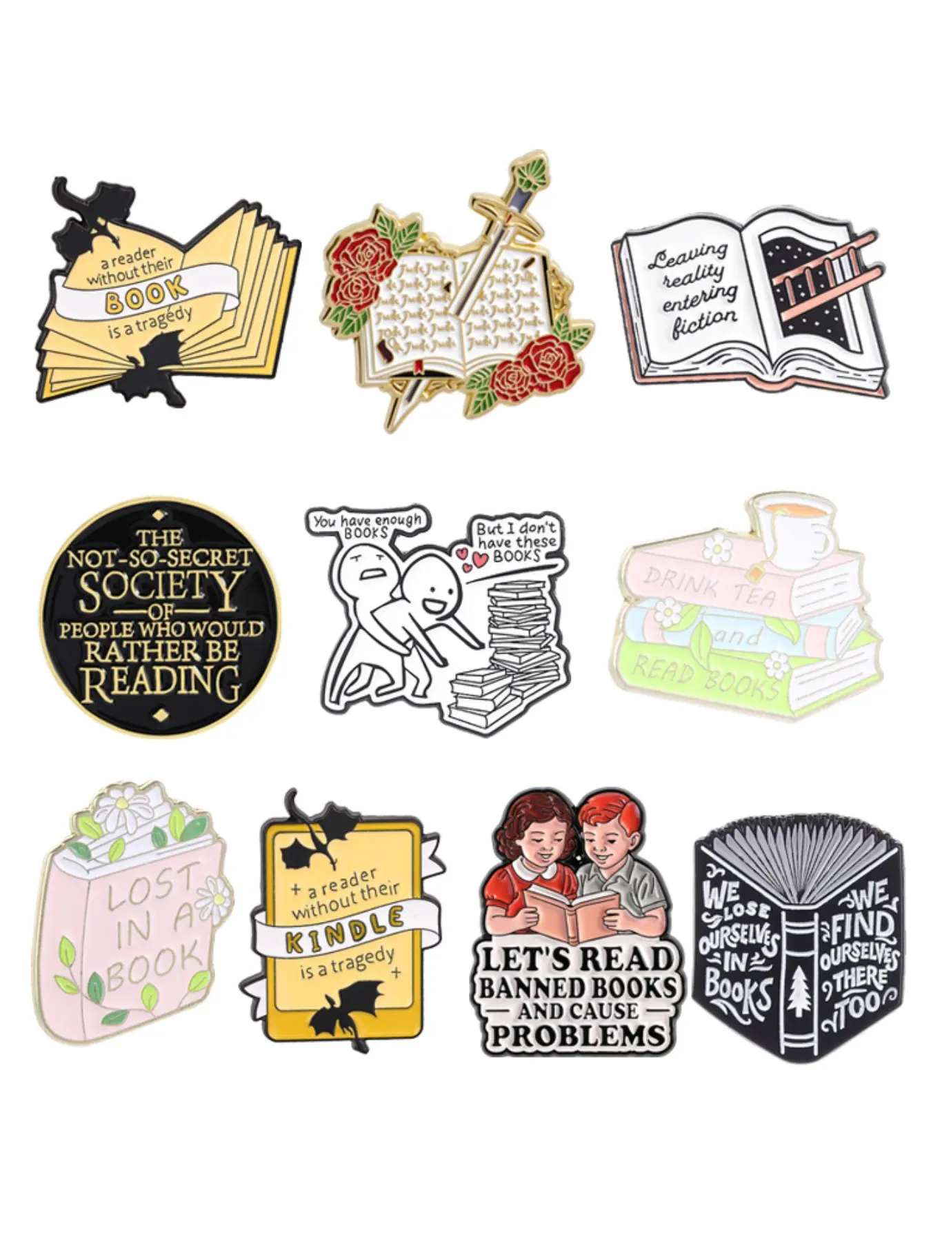 10-Piece Book Series Enamel Brooch Set, Reading Lover Literary Alloy Pin, Fashion Accessory for Backpacks, All Seasons Party Style