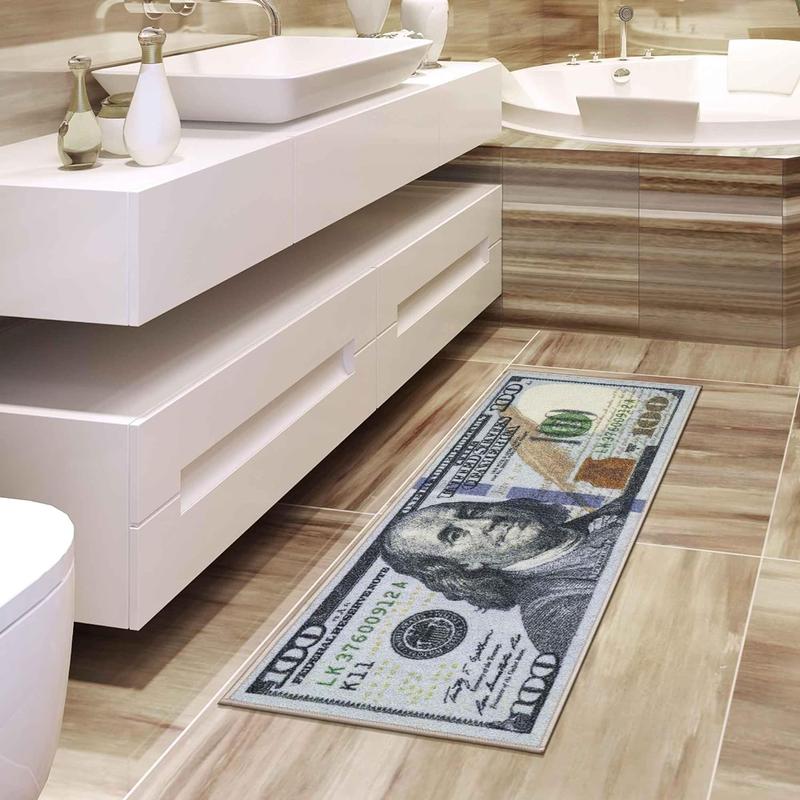 Washable $100 Bill Design Non-Slip Rubberback Modern Runner Rug for Hallway, Kitchen, Bedroom, Multicolor
