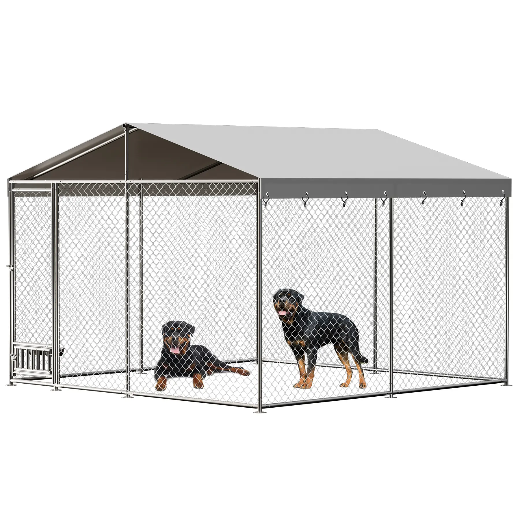 Outdoor Dog Kennel, 10 x 10 FT Outside Heavy Duty Dog Playpen with Waterproof Cover Roof, Chain Link Metal Dog Cage with Lockable Door, Large Dog House Dog Run for Backyard