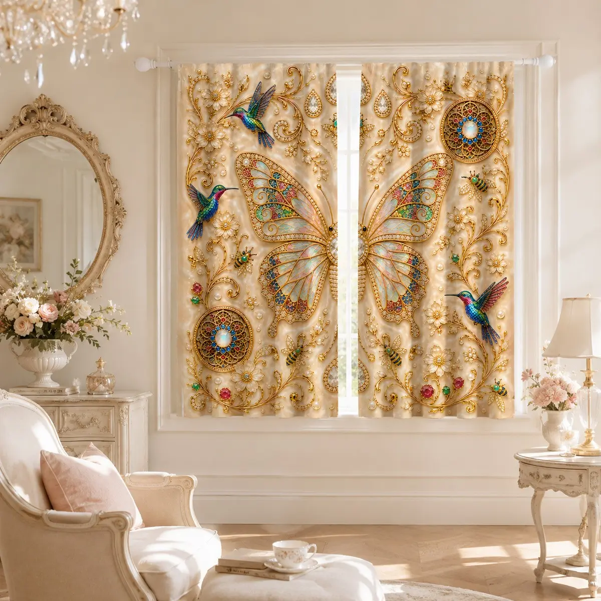 Gemstone Gold Butterfly Hummingbird Curtain Set, 2-Piece Sparkling Rhinestone Floral Bee Print Curtains, European Luxury Living Room Bedroom Decor
