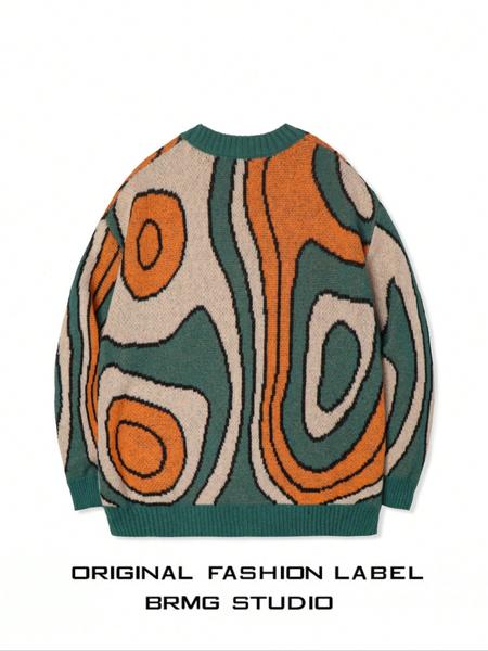 Men's Winter Street Style Abstract Jacquard Cardigan, Loose-Fitting Open Front Sweater Coat, Long Sleeve Fashion Outerwear