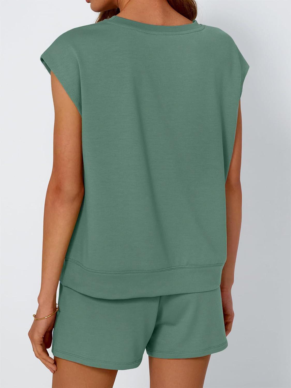 Women's 2-Piece Lounge Set - Sleeveless Cap Sleeve Top & Drawstring Pocket Shorts