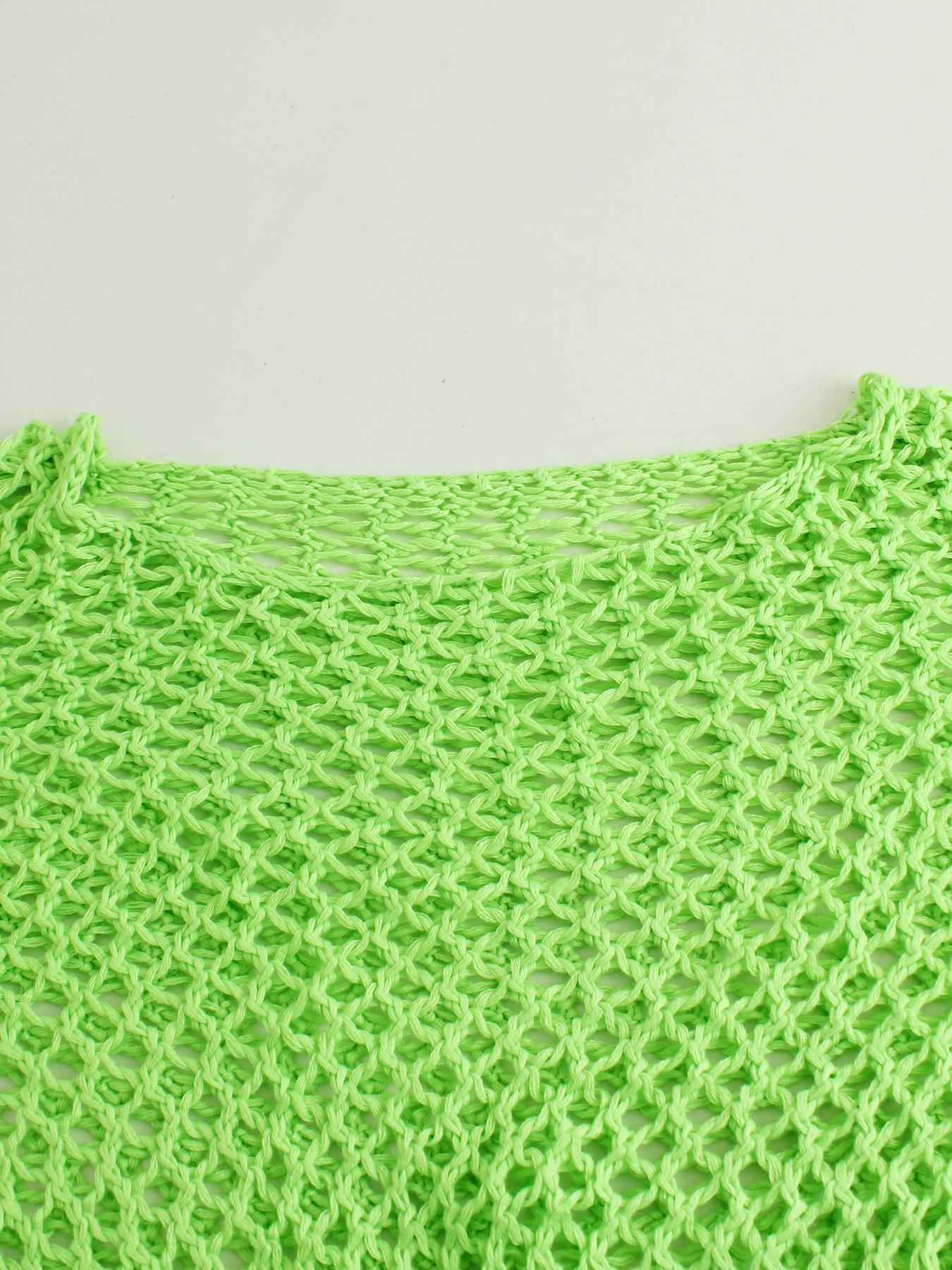 Women's Plain Hollow Out Long Sleeve Crew Neck Cropped, Casual Flounce Sleeve Round Neck Crop Knit Top for Summer, Ladies Clothes for Beach Holiday Vacation, Crochet Cover Ups