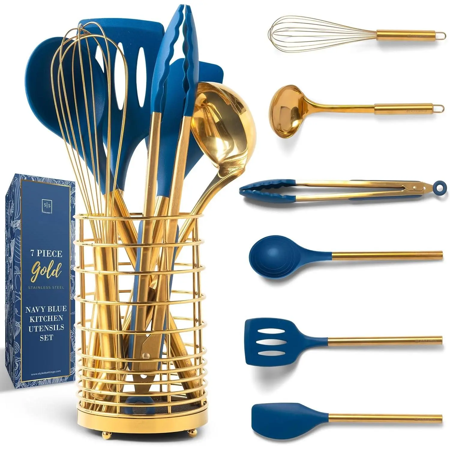 and Navy Blue Kitchen Utensils Set - 7-  Cooking Tools for Nonstick Cookware with Utensil Holder - Stylish Cooking Gifts for Modern Kitchens