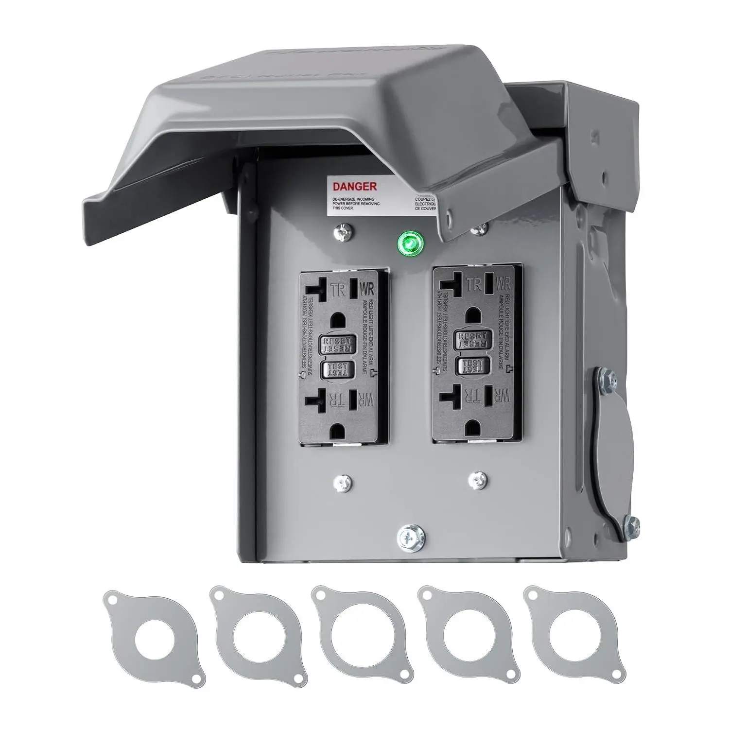 Outdoor Electrical Outlet Box, Dual 20 AMP WRTR GFCI Receptacles with Rainproof 3R Enclosure, Waterproof GFCI Outlet Box with Cover for Garden, Outdoor Lights, ETL Listed