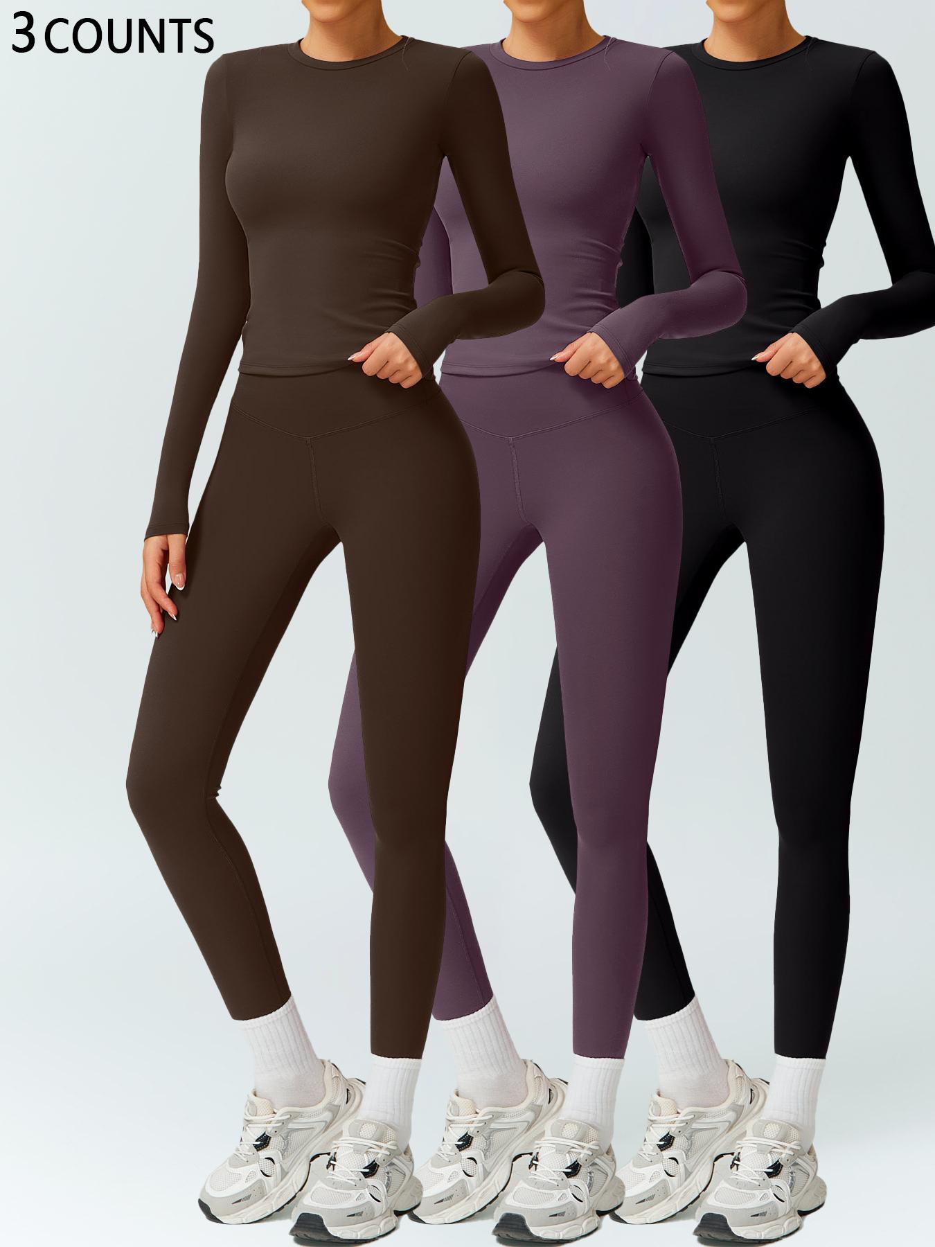 Women's Solid Color Long Sleeve Tee & High Waist Leggings Workout Set, Sporty Comfy Breathable Outfits for Gym Running, Workout Running Clothes, Ladies Fall & Winter Sportswear