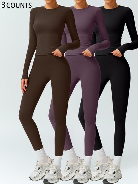 Women's Solid Color Long Sleeve Tee & High Waist Leggings Workout Set, Sporty Comfy Breathable Outfits for Gym Running, Workout Running Clothes, Ladies Fall & Winter Sportswear
