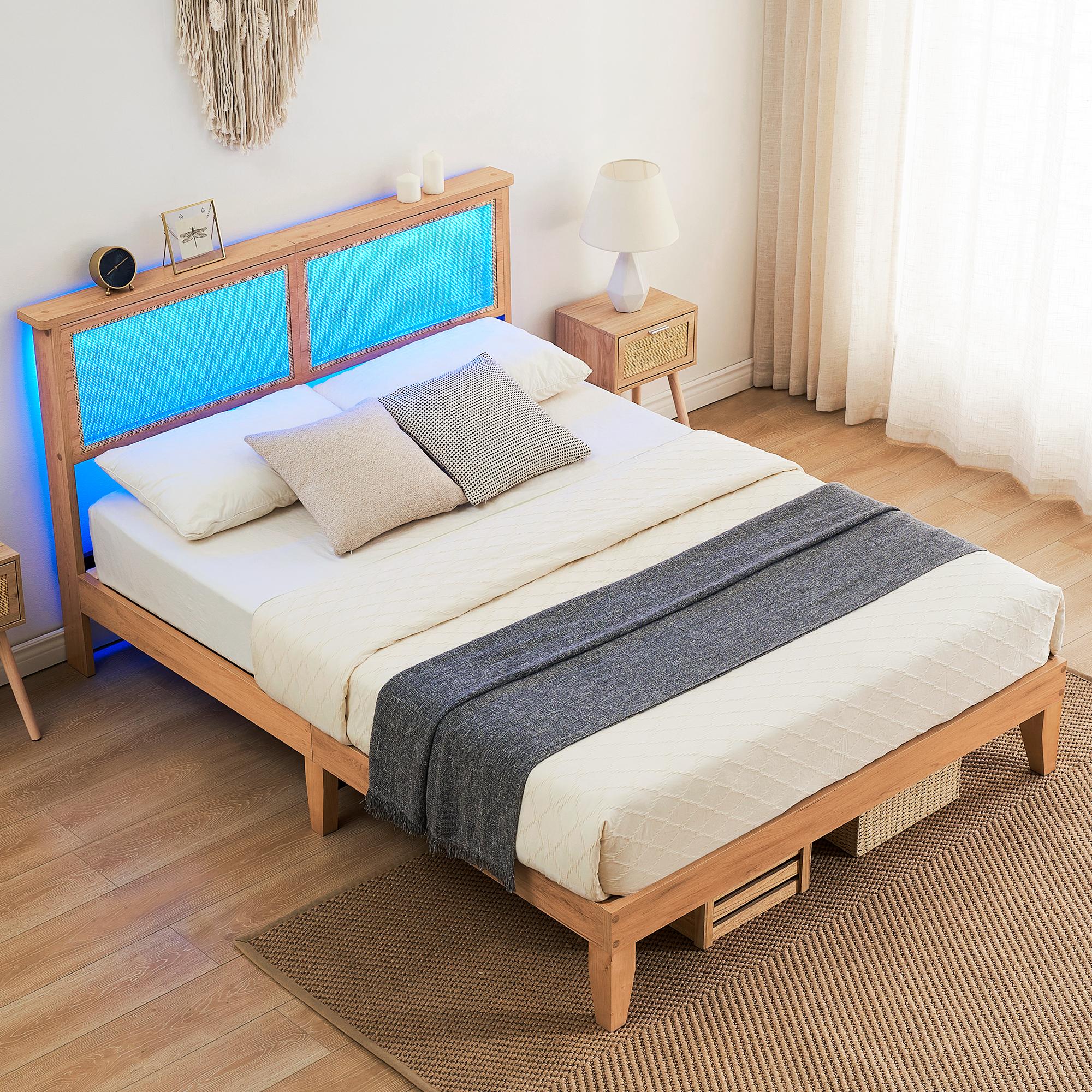 Garvee Rattan Bed Frames Available in Twin, Full, Queen, and King Sizes Featuring Natural Rattan Headboards, LED Lighting, Sturdy Wooden Slats, Noise-Free Platform, No Box Spring Required, Easy Assembly, and Storage Options