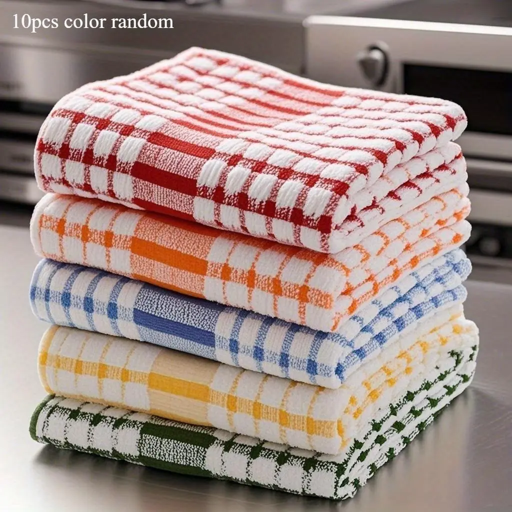 Large Checkered Polyester Dish Towels 10 Pack, Super Absorbent Stain Resistant Cleaning Rags, Versatile Household Wipes for Kitchen, Bath, Auto & Outdoor