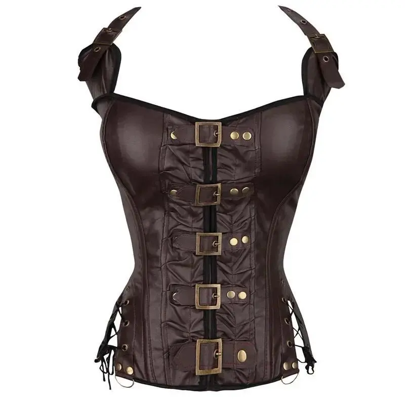 Women's Steampunk Gothic Punk Leather & Faux Leather Overbust Sleeveless Halter Neck Corset Top - Sexy Outwear Corselet, All Seasons, Waist-Fit, Custom Corset for Outfit Matching, Check Measurement Chart, XS（old）, XL Sizes, Body Shaping Design