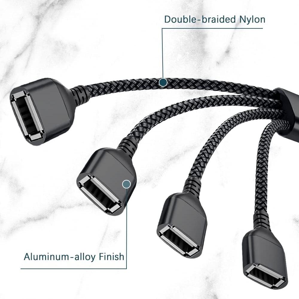 1 in 4 Out USB Splitter, USB A Male To Four Female Extension Cord Adapter, 4 Port Multi Multiport Extender HUB, Double Dual Data Power Charger Splitter