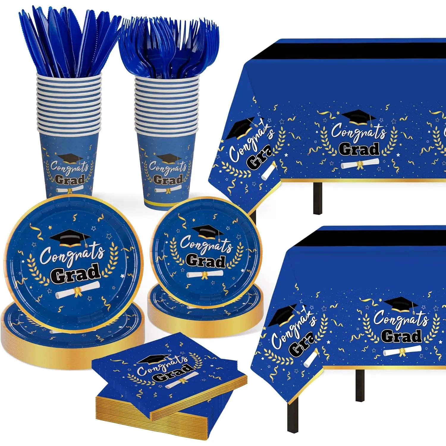 Graduation Decorations 2026,147 PCS Graduation Party Decorations, Disposable Graduation Plates and Napkins 2026,Graduation Tablecloth Knives Fork Plates Napkin Cups for Graduation Party For 24 Guests