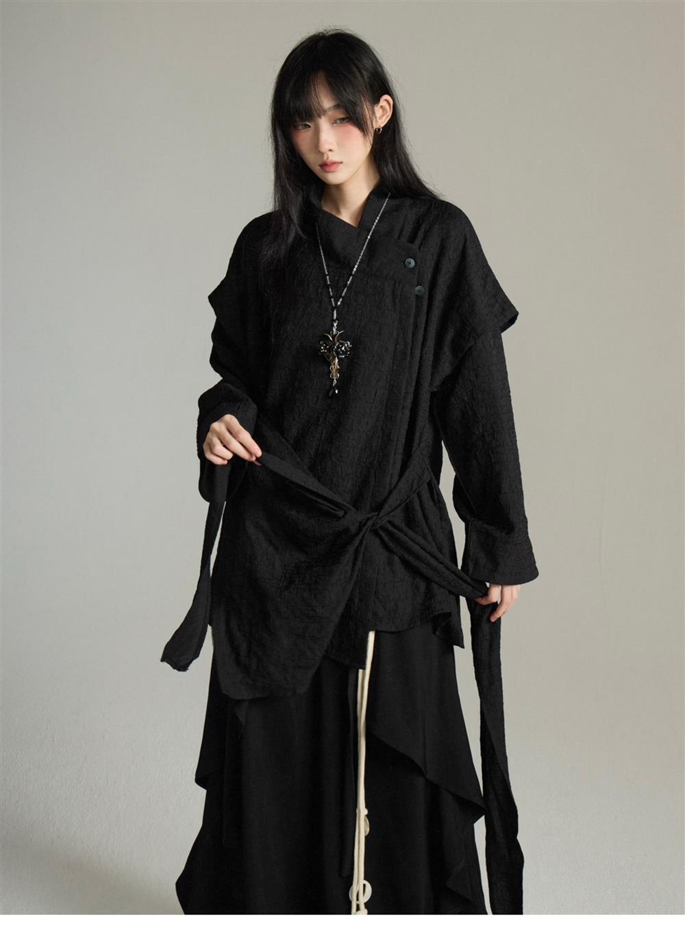 UMI MAO Irregular Lace Up Design Chinese Style Stand Up Collar Shirt Men Women Long Sleeved Shirt Fake Two-piece Top Y2K