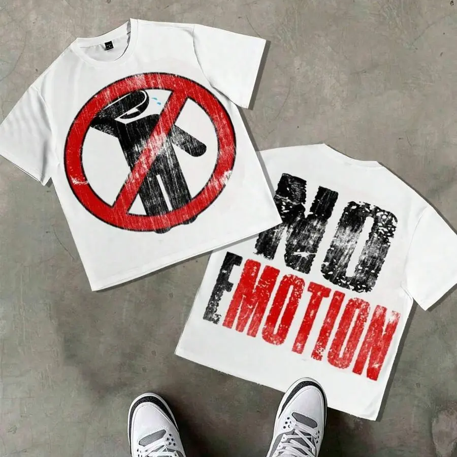 Retro Worn Texture Crew Neck T Shirt Men Two Side Printing Red Circle Cross Out Cartoon Human Pattern Bold NO EMOTION Cracked Font Street Tee Suitable for Urban Commute Outdoor Activities