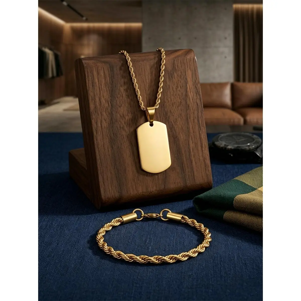 Men's Hip-Hop Street Style Jewelry Set, 2-Piece Chunky Gold Stainless Steel Chain Necklace with Geometric Military Tag and Bracelet, Stainless Steel Jewelry, Daily Wear, Chain & Link, Fashion, Male, Chunky Gold Chain Jewelry Sets