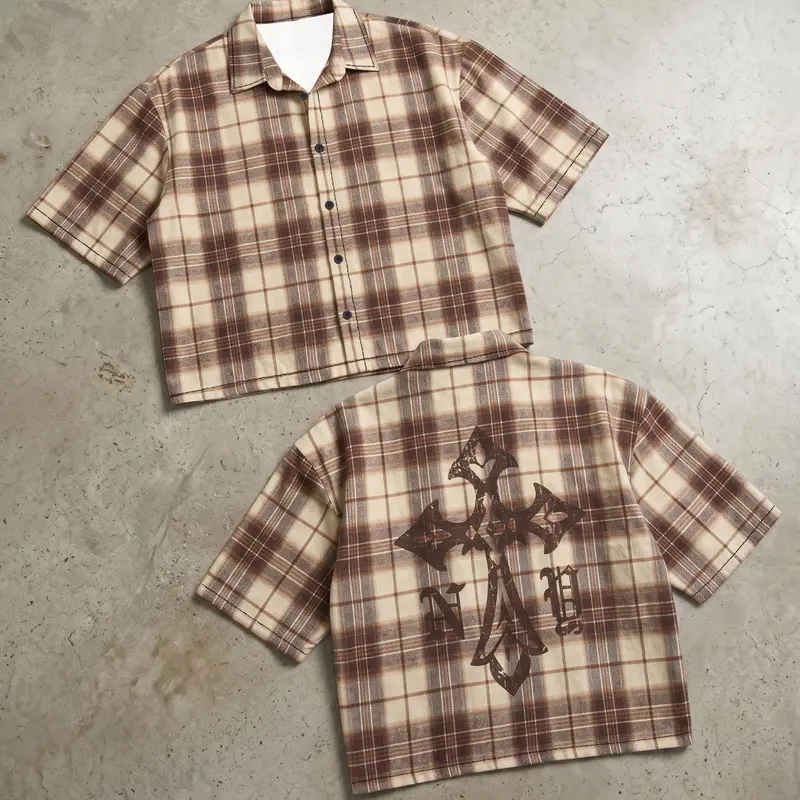 Men's Retro Coffee Plaid Cropped Short Sleeve Button Up Shirt, Vintage Gothic Cross & Old English Letter Print on Back, Turn-Down Collar Loose Casual Blouse, Perfect for Preppy Streetwear, Casual Style Streetwear & Y2K Outfits, Daily Layering Piece