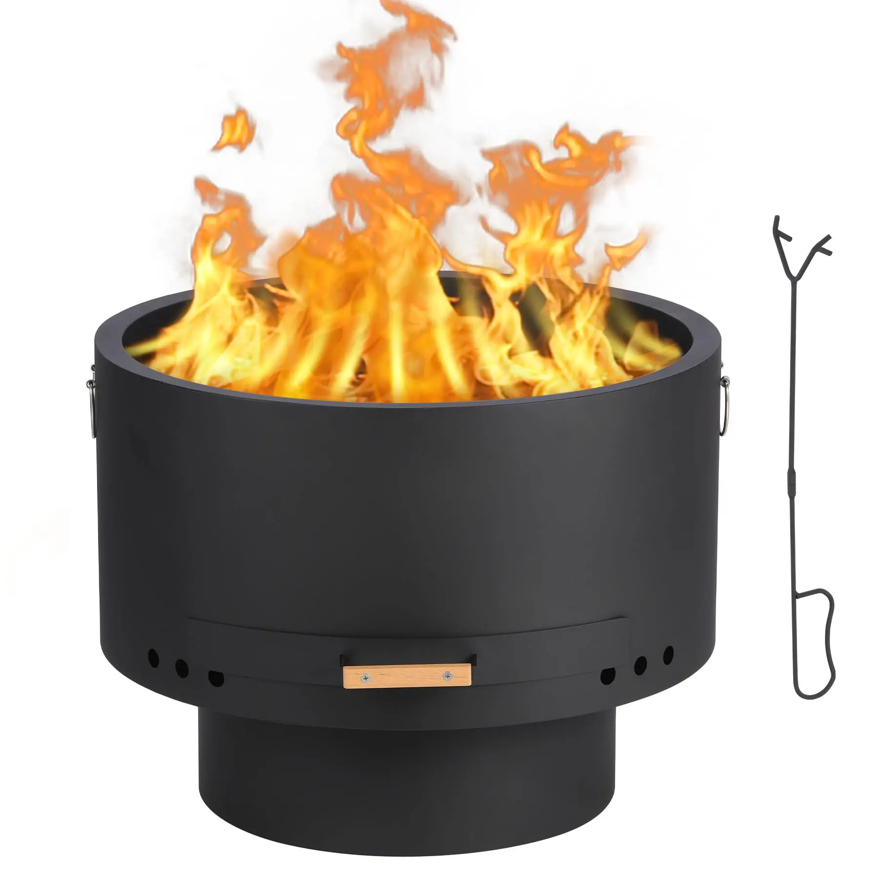 26 Inch Smokeless Fire Pit Table, Portable Carbon Steel Outdoor Fireplace with Removable Ash Pan & Bamboo Lid, Low Smoke Wood Burning Bonfire Stove for Backyard, Patio, Camping and BBQ
