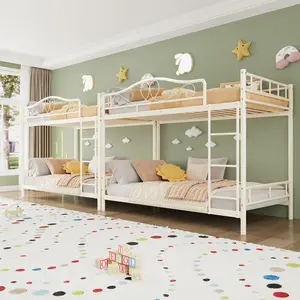 Twin Over Twin Metal  loft Bunk heavy-duty Bed with Ladder & Full Safety high Guardrail. 400 LBS Heavy Duty Frame. Noise-Free. No Box Spring Needed. Space-Saving. Easy Assembly. Cream White.sturdy structure sturdy steel bed