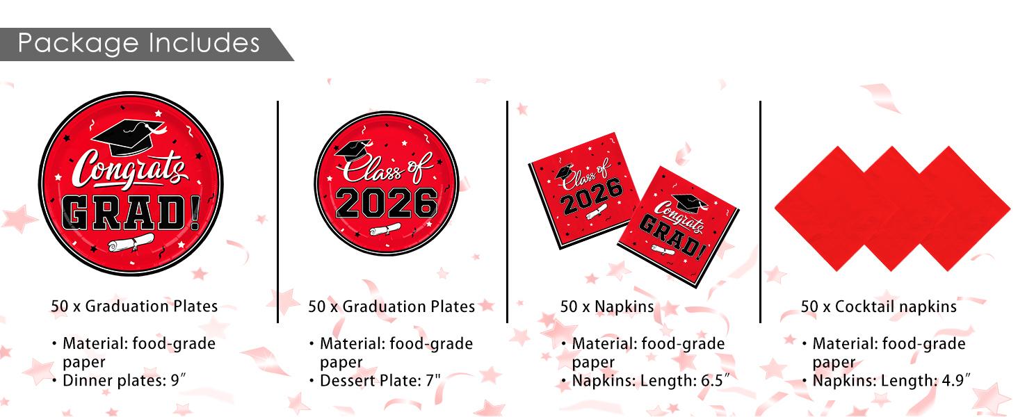 Graduation decorations 2026 Graduation Party Plates and Napkins Red Disposable Paper Plates Luncheon Napkins Cocktail Napkins for Congrats Grad Party Decorations, Serve 50