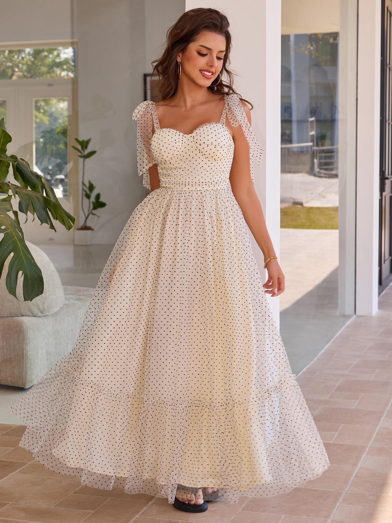 Women's Polka Dot Print Contrast Mesh Ruffle Hem Tie Shoulder A Line Dress, Summer Clothes Women, Elegant Tie Shoulder Long Dress For Vacation Holiday Wedding Guest, Ladies Summer Clothes