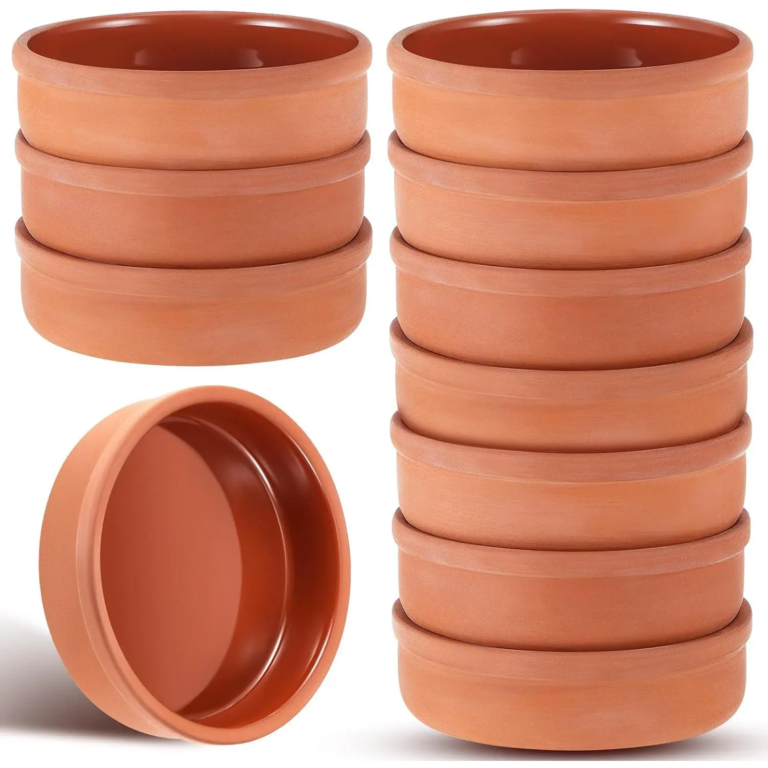 10 count Mexican Clay Bowls Set, 4.3" Terracotta Traditional Clay Cooking Pots, Pottery Plates, Serving Dish, Platos De Barro Mexicanos Earthenware for Mexican Cuisine, Baking, Turkish Yogurt