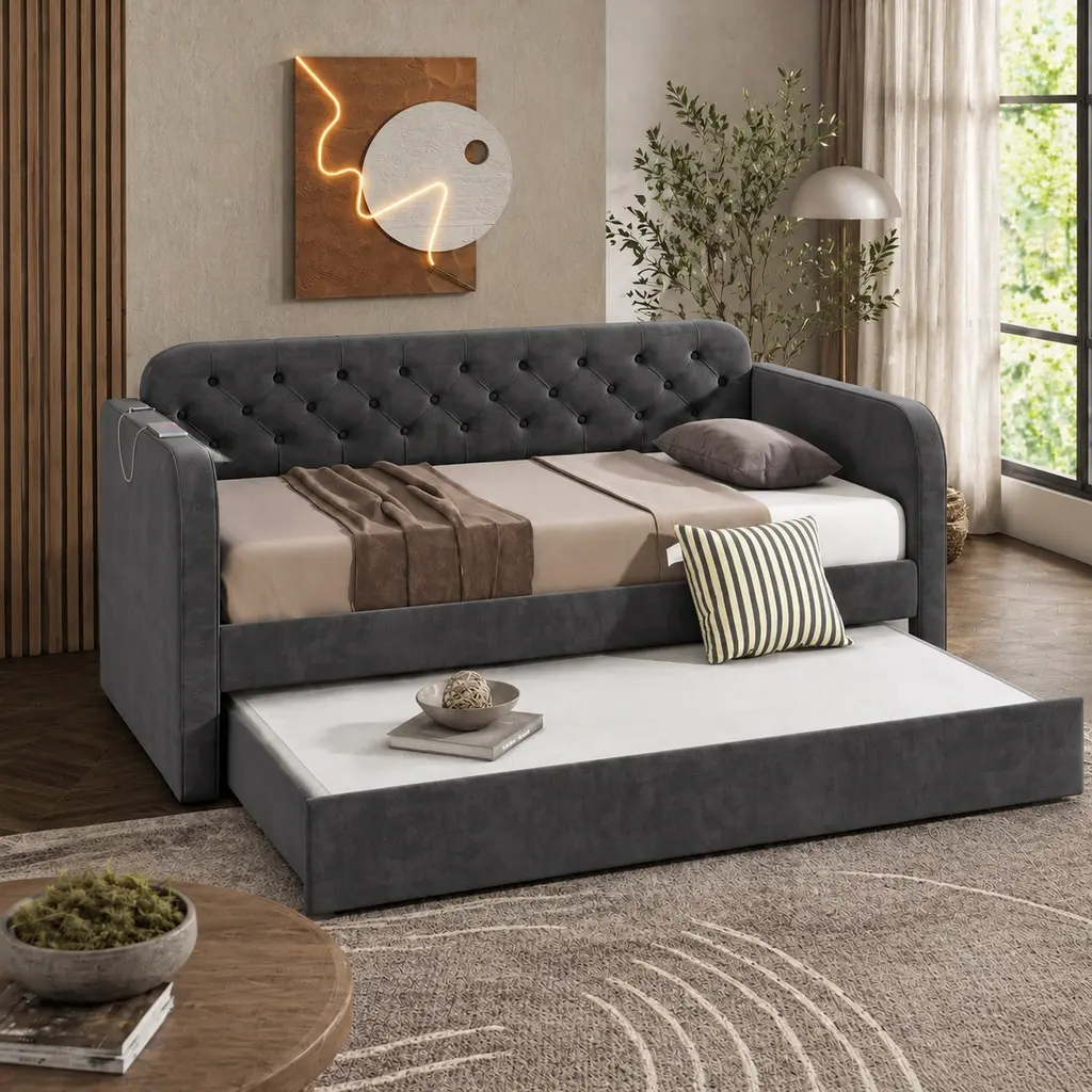 Mid-Century Twin Velvet Daybed with Pull-Out Trundle, USB Charging, Dark Grey Tufted Back, No Box Spring Needed