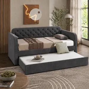ARCH Furniture Mid-Century Modern Twin Velvet Daybed with Pull-Out Trundle, USB Charging, Dark Grey Tufted Back, 81.7"l x 41.7"w x 34.4"h, No Box Spring Needed, Apartment Furniture, Assembly Required
