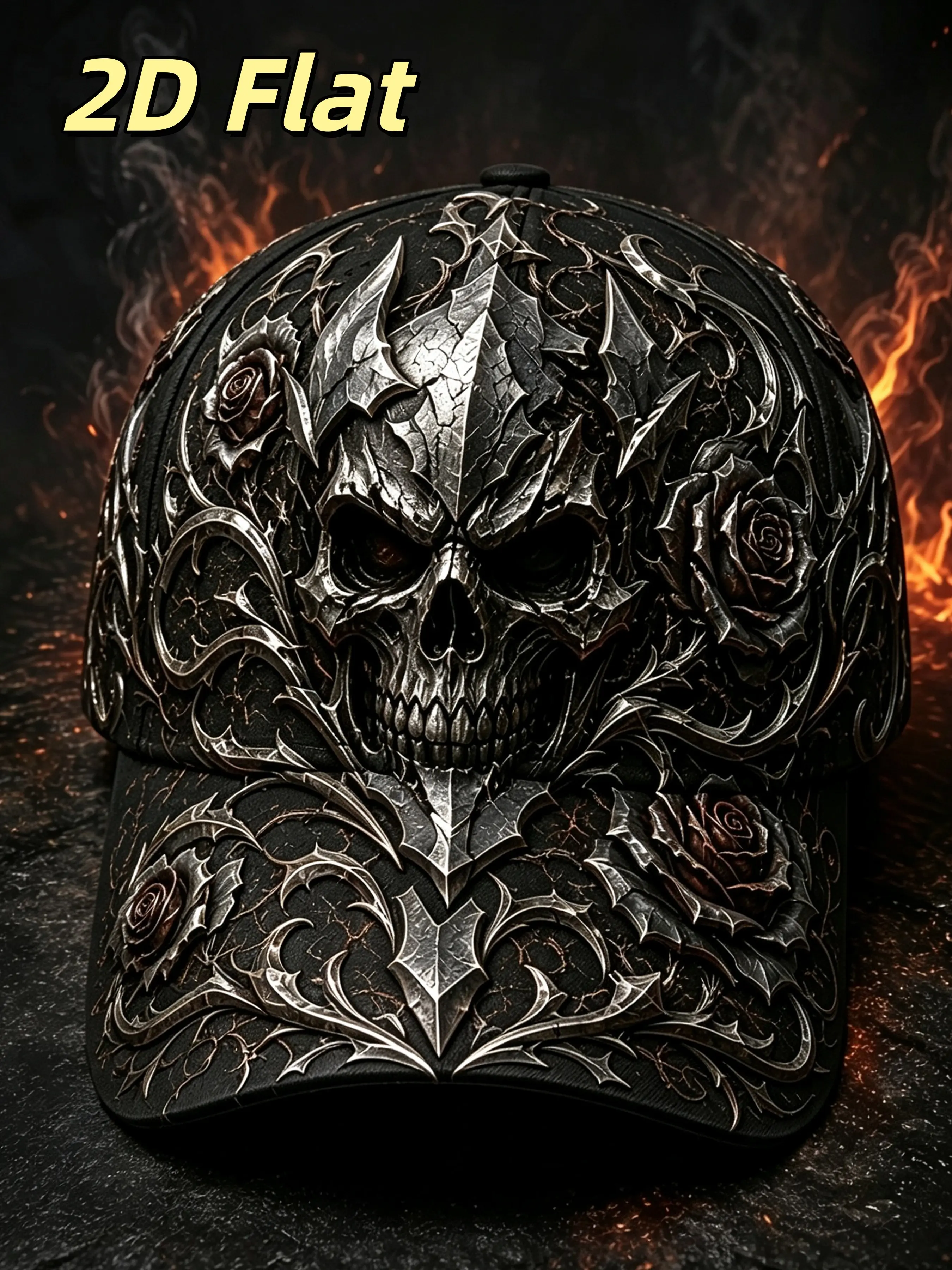 Gothic 2D Metal Skull Rose Print Baseball Hat, Unisex Vintage Wash Snapback, Punk Style, Adjustable, Rock & Motorcycle Lovers