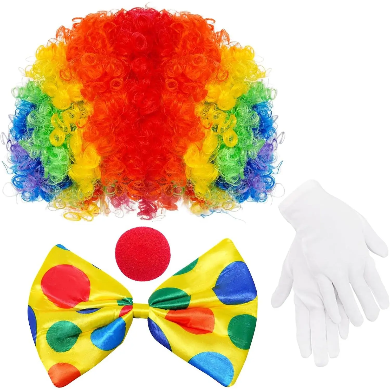 Clown Costume with Rainbow Wig, Red Nose, Bow Tie and Gloves for Adult Men Women Halloween Carnival Party Decorations(Gift)