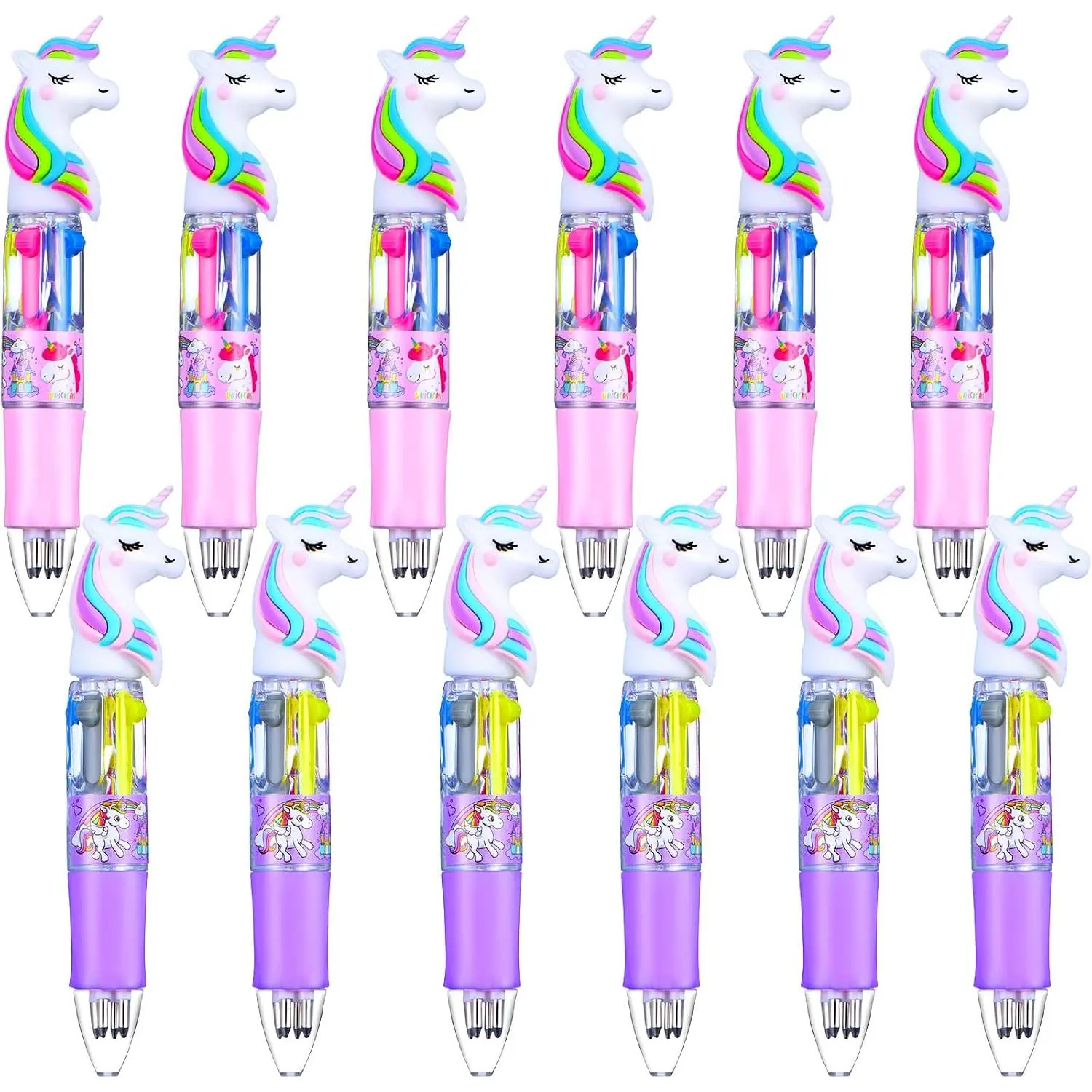 12 count Retractable Unicorn Pens 4-in-1 Multicolor Ballpoint Pen Unicorn Candy Party Favor Colored Ink Mini Party Favors for Girls  Classroom Prizes Birthday Gifts(Unicorn Style)