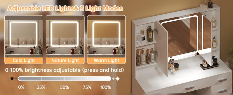 White Tri-Folding Lighted Vanity Desk with 7 Drawers | Big Makeup Vanity with Mirror & Chairs for Bedroom