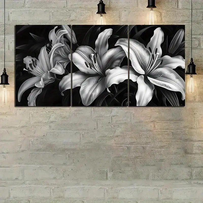 3-Piece Black & White Night Lotus Framed Canvas Wall Art, Pine Wood Framed Botanical Prints, Modern Wall Decor for Living Room, Bedroom, Office