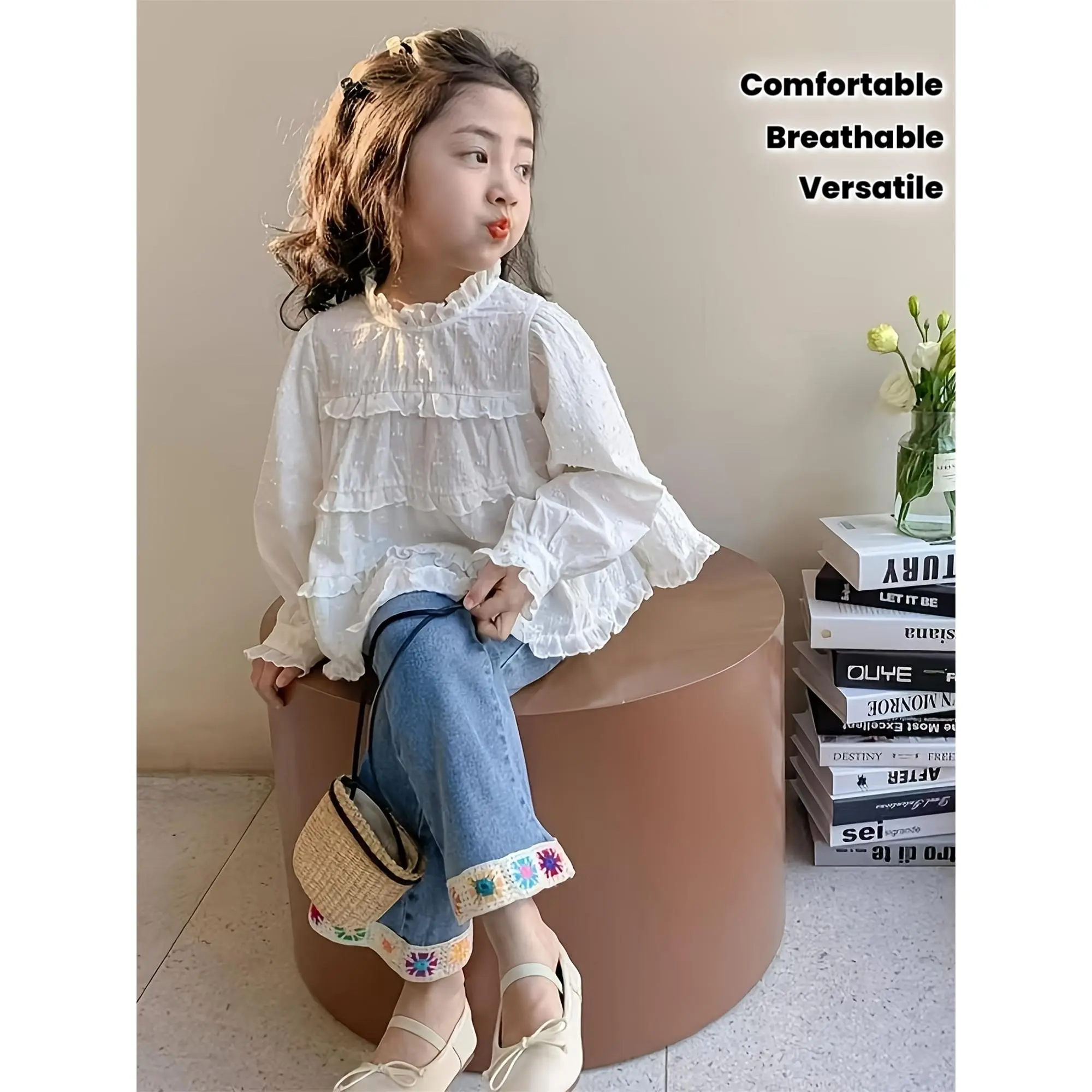 2026 Spring/Summer New Style Girls' Ruffled Collar Shirt with Exquisite Multi-Layer Ruffle Design, Easy Doll Collar, Loose Fit, Comfortable And Breathable, Versatile Korean-Style T-Shirt for Girls