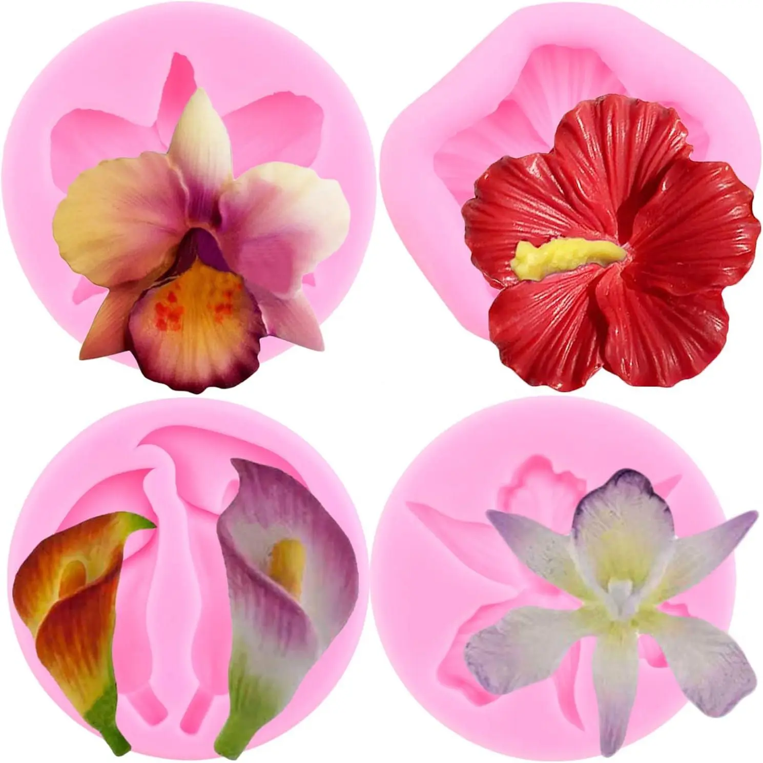 Orchid  Molds Hibiscus Calla  Fondant Mold Set Of 4 | Flower  Candy Mold Wedding Birthday Cake Decorating Cupcake Topper Polymer Clay   Paste