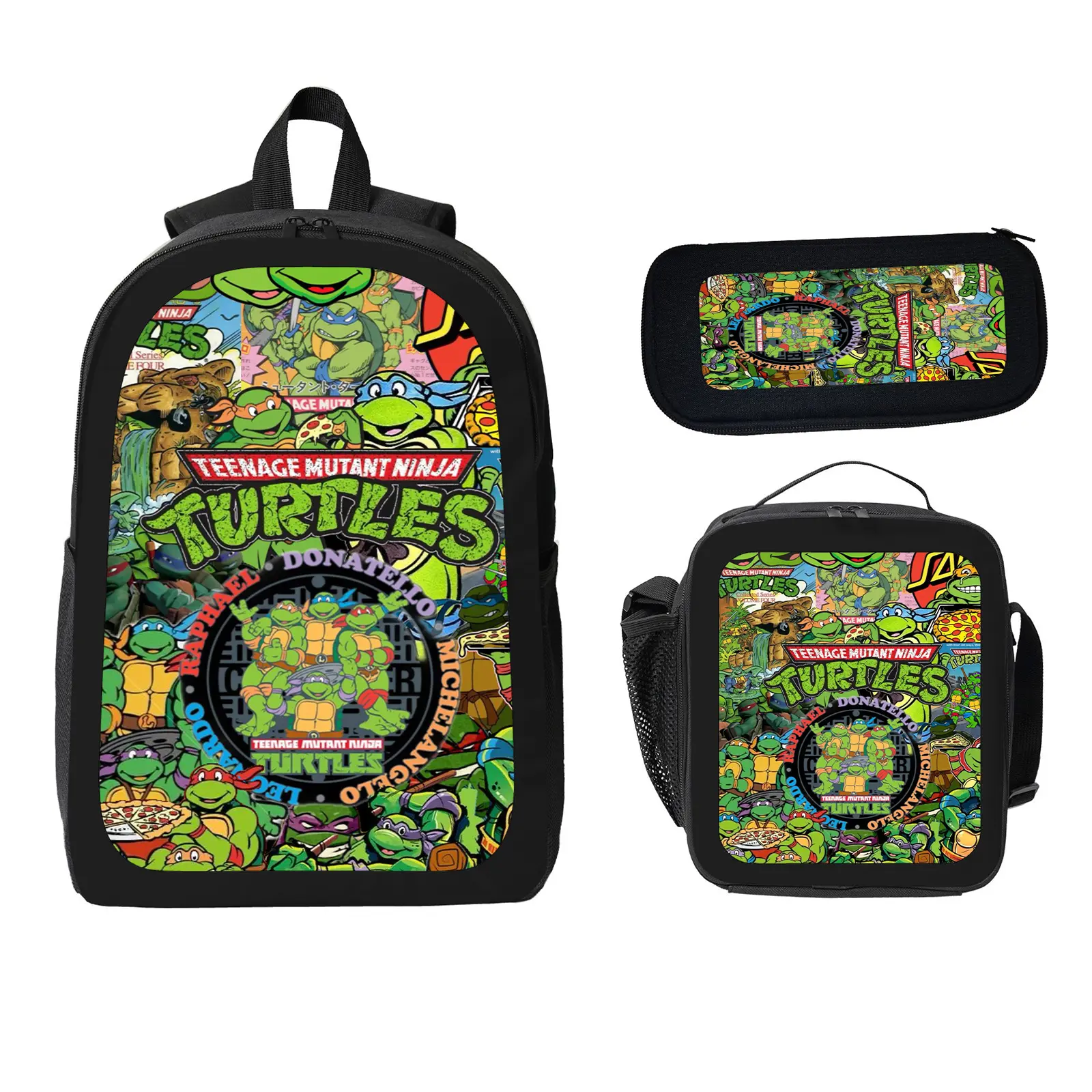 ninja turtle 3 Pcs School Backpack Set for Boys Girls Kids, Large Capacity Bookbag with Insulated Lunch Bag Pencil Case, Water Resistant Travel Daypack for Elementary Middle School f-52