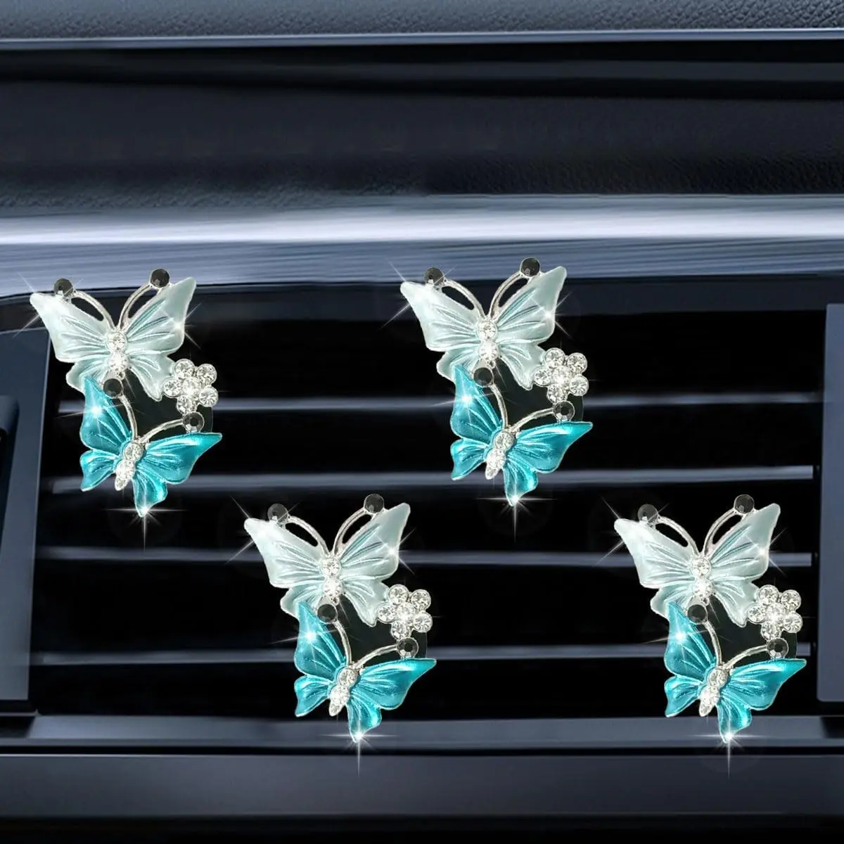 Car Vent Clip, Dual Butterfly Air Vent Clips, Bling Diamond Car Diffuser Clips, Cute Air Conditioning Outlet Decoration, Butterfly Car Accessories for Women (4Pcs/Blue)
