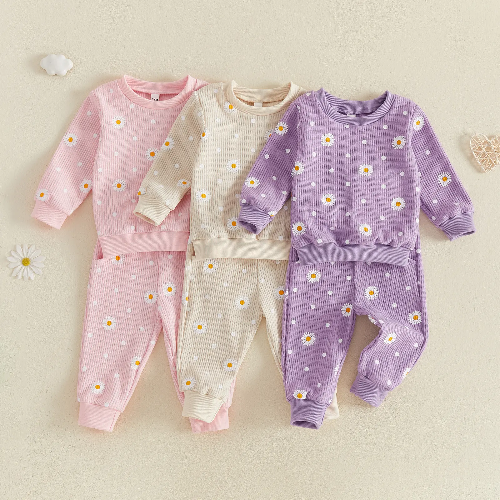 Toddler Baby Little Girl Outfit Waffle Knit Long Sleeve Sweatshirt Pullover and Pants Set Fall Winter 0-3 Years