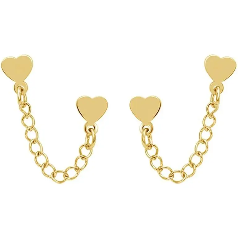 Double Piercing Heart Love 16g Stud With Short Chain Cuff Silver Black Plated Stainless Steel Earrings for Women Cartilage Two Holes Screw Back Piercing Fashion Climber Crawler Hypoallergenic