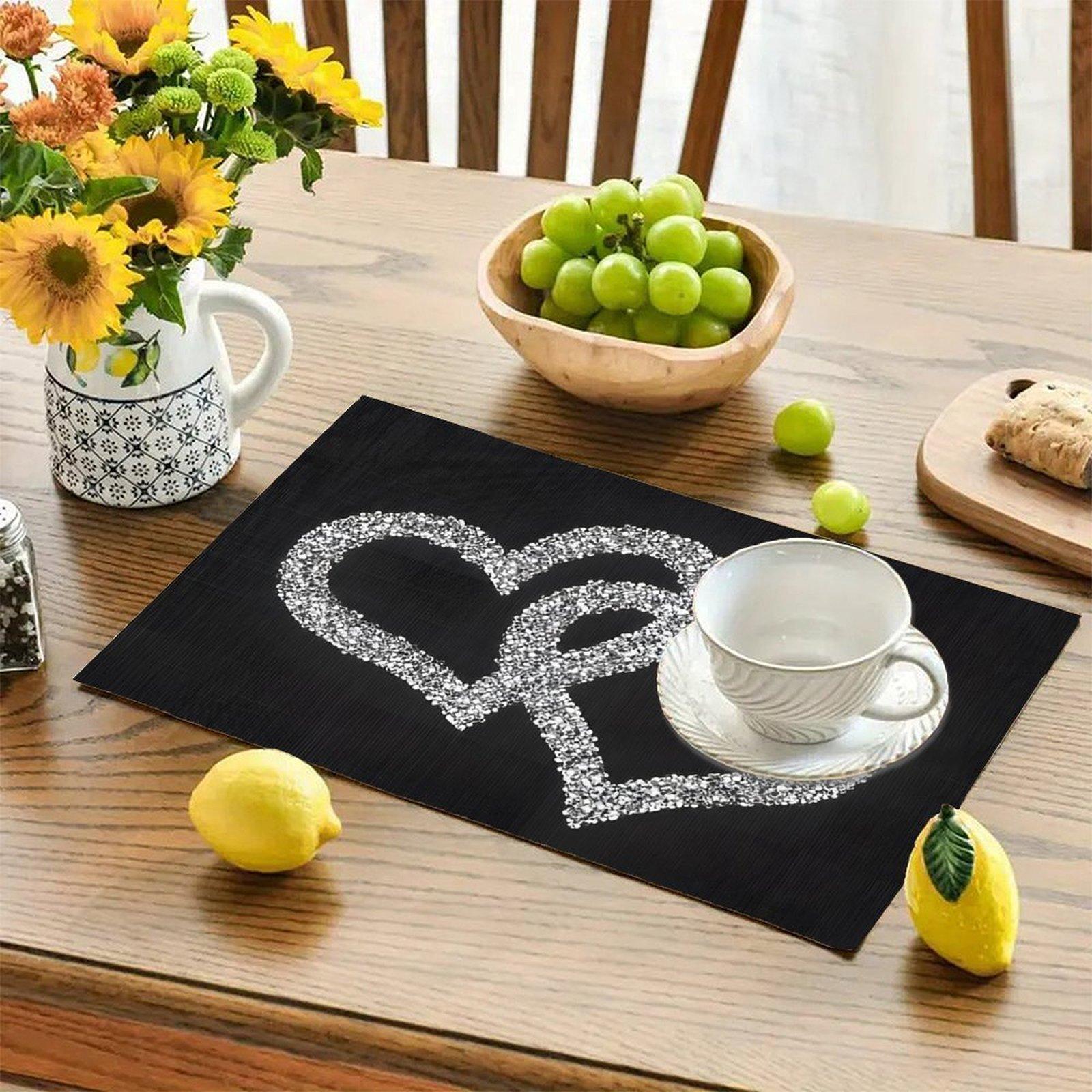 Interlocking Hearts Placemat Sparkling Silver Glitter Table Mat 1/4/6 Pack Romantic Family Dining Decor Wedding Anniversary Table Setting Coasters Tableware