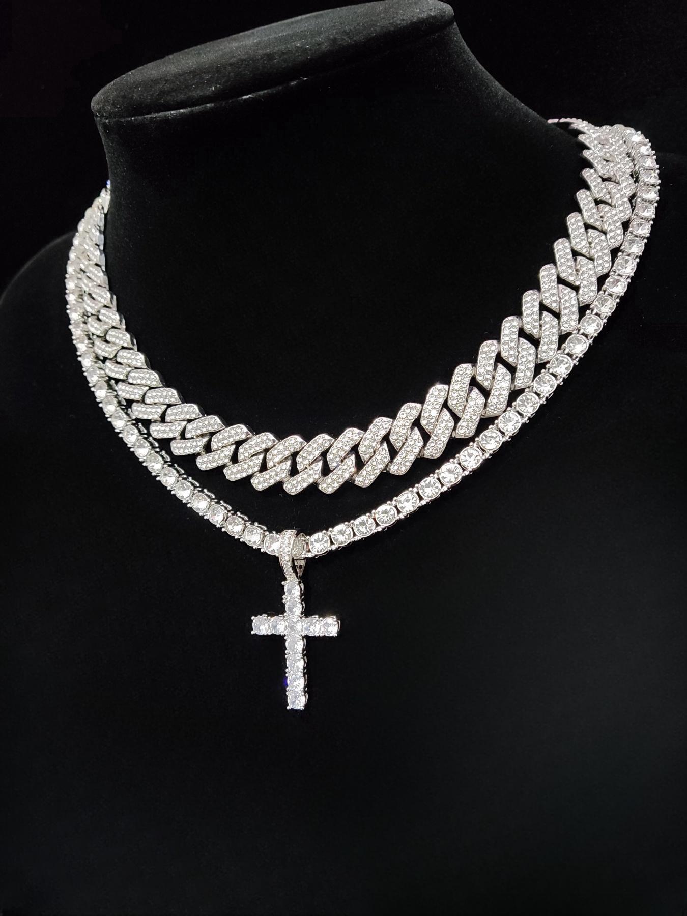 Easter Luxury Rhinestone Cross Pendant Necklace & Cuban Chunky Chain Matching Jewelry Set, Sparkly Streetwear Hip Hop Iced out Jewelry Set for Party, Gorgeous Trendy Accessories Cross Necklaces, Cuban Link Chain